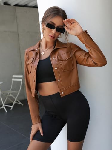 EFJONE Womens Clothes Fall Fashion 2023 Pocket Button Front Regular Sleeve Cropped PU Jacket Long Sleeve casual Jackets3