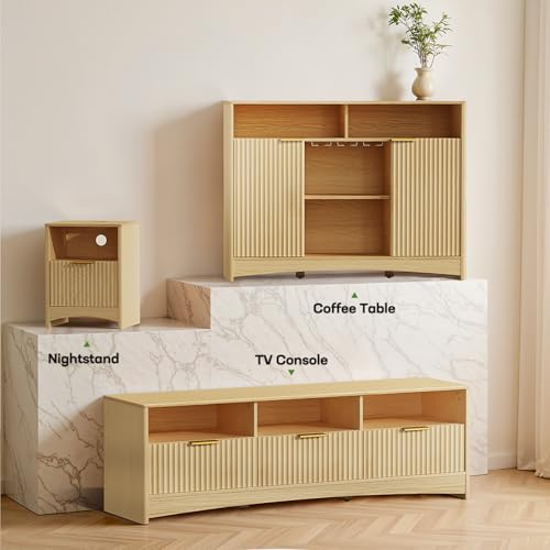 Image of Marsail Fluted Nightstand, Wooden Nightstands with Drawers, Modern Bedside Table with Charging Station and Storage, End Table with Storage Side Table for Bedroom, Oak