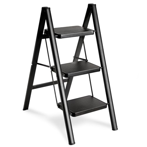 Double Elite Folding 3 Step Ladder, Sturdy 350 Lbs Load Small Step Stool for Adults, Safer Full Steel Multi-use Kitchen Ladder for Home, Closet Step Stool Ladder with Wide Pedals, Black, 3-Step