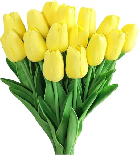 GIUSOBG Flores de tulipán Artificiales 15Pzs Tulipanes Artificiales en látex 34cm Flores Ramos de Tulipanes realistas para Ramos de Boda, Hotel (Amarillo)