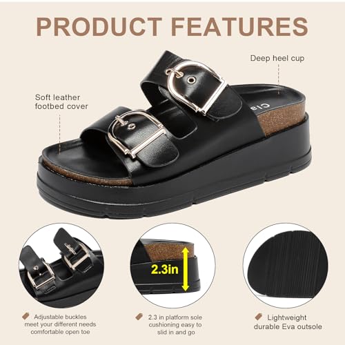 Image of Womens Platform Sandals Cork Footbed with Comfort Double Buckles,Slip on Platform Slides Summer Beach Wide Widths Sandal Shoes