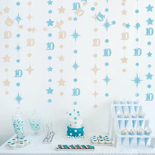 Image of Champagne Gold Blue 10th Birthday Decorations Number 10 Circle Dot Star Garland Streamer Banner Backdrop for Girls Boys Double Digits Cheers to 10 Years Old Birthday 10th Anniversary Party Supplies