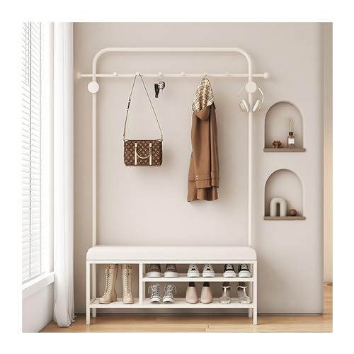 3-in-1 ホールツリー ベンチ&シューズ収納付き - 自立式コートラック 2段棚&フック6個付き 廊下、寝室、玄関、リビングルーム用 ホワイトの玄関オーガナイザー