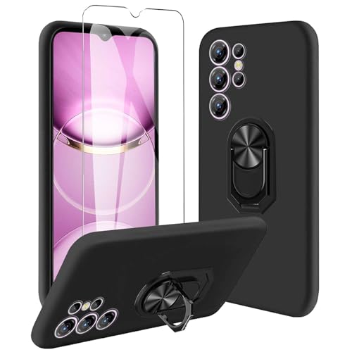 JDXHFF Hülle Kompatibel mit Oukitel C1 / Oukitel C1 Pro (6.52') Schwarz und 360° Drehbarer Ständer und Panzerglas Displayschutzfolie - Schutzhülle Weich Silikon Flexibel TPU Tasche Case