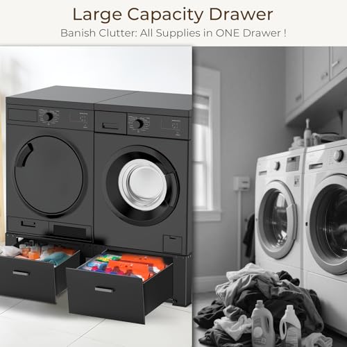 Image of SKM Washer and Dryer Pedestal with Drawer, Laundry Pedestal for Washer and Dryer Stand, Heavy Duty Steel Washing Machine Stand Height Raiser (2, black, 28 inch W x 29 inch D x 14 inch H)