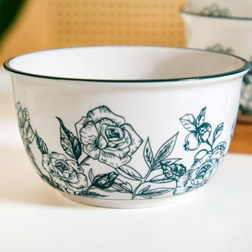 Image of Nestasia Ceramic Soup Bowl with Spoon Set of 4 (400ml Each) - Green Rose Printed Microwave & Dishwasher Safe Bowl Set for Serving Soup, Custard, & Dessert - Perfect for Gifting & Daily Use