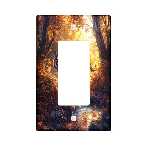 Fall Wild Tigers - Placa decorativa para interruptor de luz, 1 banda, balancín individual, escena de hojas de bosque otoñal, placa frontal eléctrica para cocina, baño, decoración de cubierta de