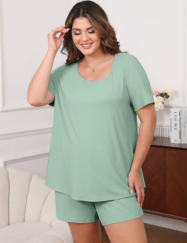 Image of Womens Plus Size Pajama Sets 2 Piece Summer Outfits Short Sleeve Tops Shorts with Pockets for Lounge Sleepwear