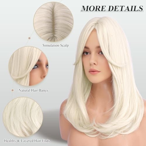 Image of FESHFEN Wigs with Bangs for Women, Synthetic Natural Looking Long Layered Straight Hair Wig for Women Daily Party Costume, 18 inch Platina White