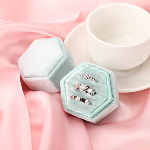 WantGor Velvet Jewelry Ring Box, 3 Slots Hexagon Ring Gift Box Vintage Ring Display Holder Case for Wedding Ceremony Proposal Engagement (Mint Green)