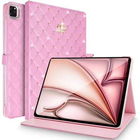 Changjia for iPad Air 11 Inch 6th Generation Case M2(2024),iPad Air 5th/4th Gen Case 10.9 2022/2020,Crown Bling Diamond PU Leather Smart Auto Sleep/Wake Stand Protective Case for iPad Air 6/5/4th,Pink Cover