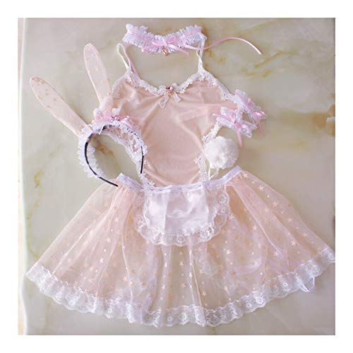 Atractiva linda rosa niñas de Mujeres conejito Maid transparente exóticos fijaron Kawaii Cosplay de los oídos de conejo de cola collar delantal interior de la muñeca ( Color : Pink , Size : One Size )