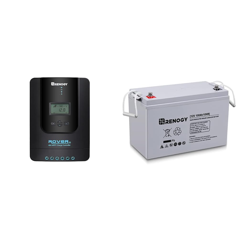 Renogy Rover 40 Amp 12V/24V DC Input MPPT Solar Charge Controller Auto Parameter & Deep Cycle AGM 12 Volt 100Ah Battery, 3% Self-Discharge Rate, 1100A Max Discharge Current