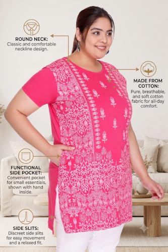 Image of Women Printed Cotton Tshirt with Side Slits & Pocket