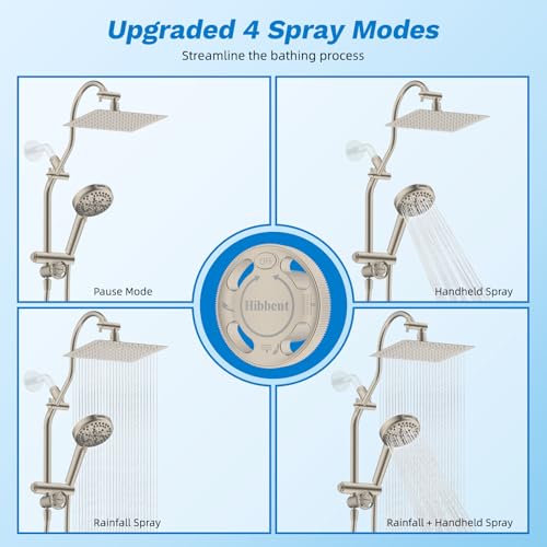 Image of Hibbent High Pressue All Metal 8 inch Rainfall Shower Head, Handheld 10-Spray | cUPC Certified Brushed Nickel Dual Showerhead Combo, 4-way Diverter with Pause Mode, Brass Extension Arm, 71'' Hose & Holder