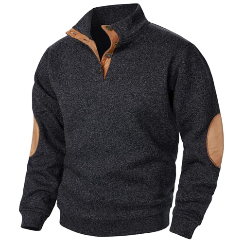 Wankang Men's Fashion Quarter Button Pullover Leisure Jacquard Sweatshirts Stand Collar Pullover Sweaters with Elbow Patches Black
