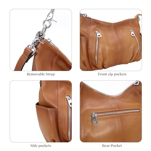 Image of HESHE Leather Crossbody Bags for Women Hobo Shoulder Bag Satchel Handbags | Genine Leather,2 Removable Straps,Multiple Zippers Pockets Hobo Bags Designer Travel Pocketbook Ladies Daily Work Tote Bag