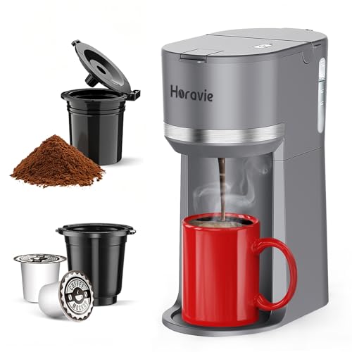 Image of Horavie Mini Single Serve Coffee Maker for K Cup Pods and Ground Coffee, Fast Brew One Cup Coffee Machine with Descaling Reminder and Water Window, 6 to 12 oz. Brew Sizes, Gray