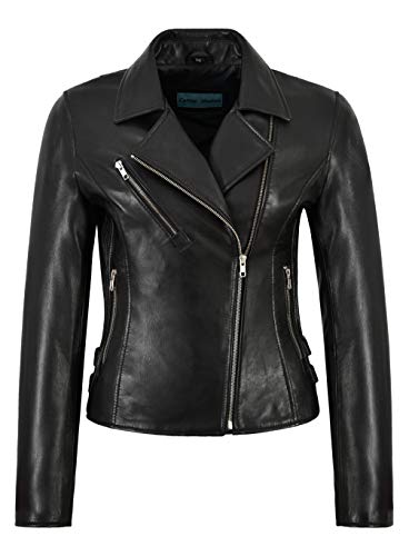 Veste en cuir véritable pour dames en agneau noir blouson casual biker style 1989