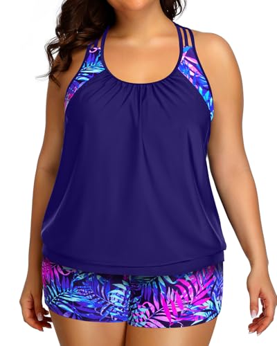 Image of Womens Plus Size Tankini Swimsuit Two Piece Tummy Control Bathing Suit | Blouson Racerback Tankini Top with Shorts, Double Up Design, Removable Pad