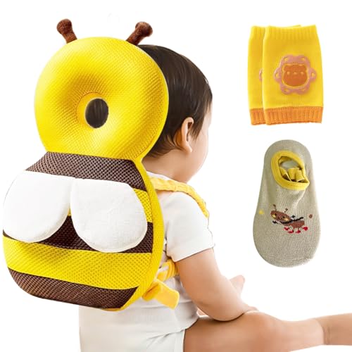 Baby Head Protector,Infant Fall Protection, Baby Head Protector Cushion Backpack with Baby Knee Pads Anti Slip Socks for Walking & Crawling (Yellow Bees)