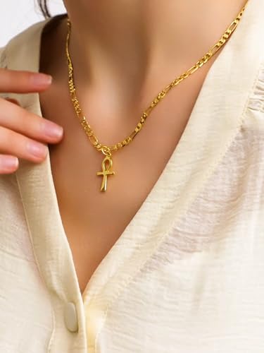 Dainty 925 Sterling Silver Gold Ankh Necklace for Women Men 18k Gold Plated Ankh Pendant Cross Necklace for Women Men with 3.6mm Flat Figaro Chain Necklaces Jewelry Gifts2