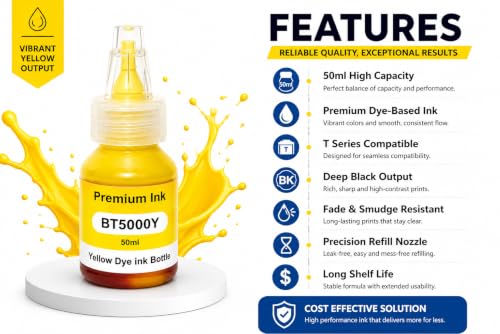 Image of ROHINK Premium Dye Ink Bottles for Brother Printers, T220, T300, T310, T420, T500, T520, T820, T920, T510, T910, T710, T4500W, T800W, T710W - Printer (BTD5000 Yellow Pack 2)