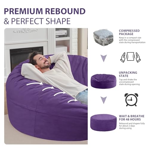 6FT Bean Bag Chair, Large Bean Bag Chairs with Memory Foam Filled, Fluffy Beanbag Sofa with Dutch Velvet Cover, Round BeanBag Chairs for Living Room, Playroom - Purple