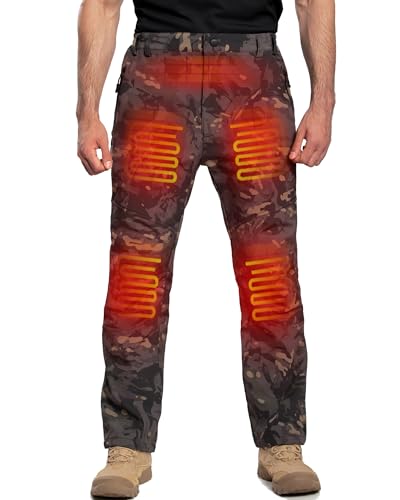 DEWBU Heated Pants for Men with 12V Battery Pack Fleece Lined Outdoor Softshell Pants Electric Heating Trousers Mens Black Camo M