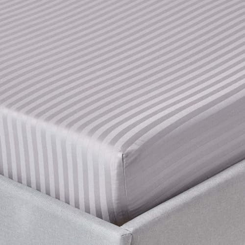Image of 400 TC Cotton Elastic Fitted Bedsheet with 2 Pillow Covers for Queen Bed 60 x 75 8 Inches Light Grey Stripe Color Fitted Sheet