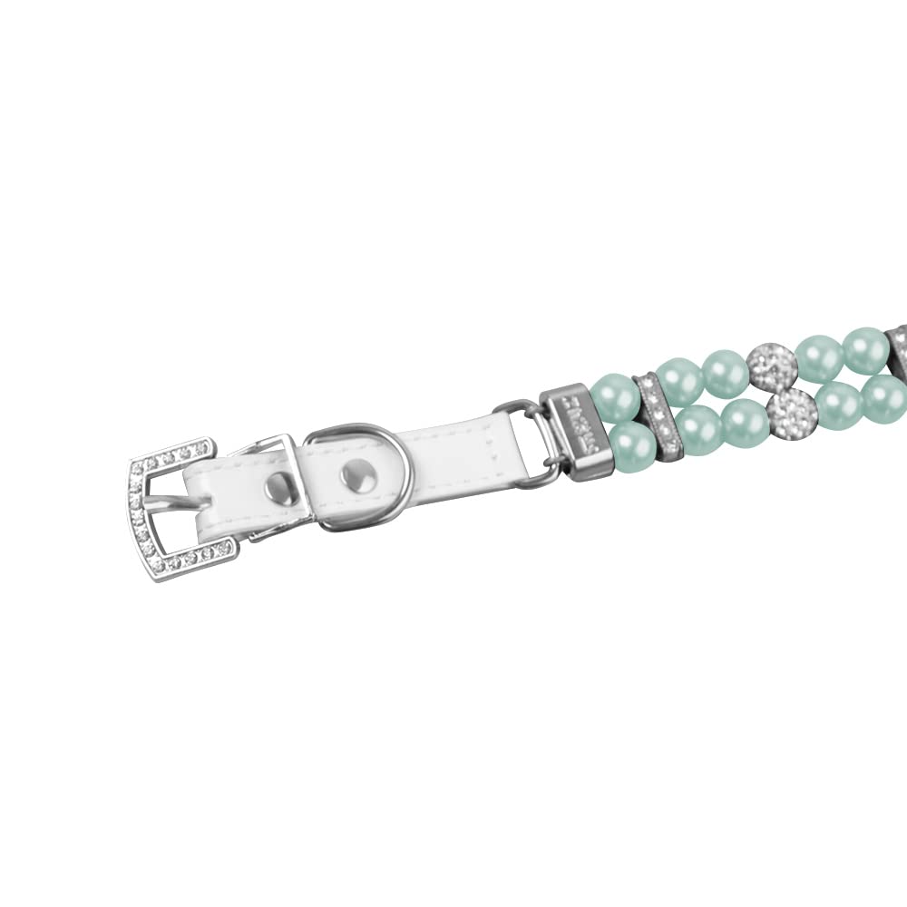 Collare per animali domestici con perla e gatto alla moda in pelle PU con strass luccicanti,collare per cani Chihuahua regolabile,collana di perle per cani,gatti,cuccioli,gattini,1.5x33cm (M, Verde)
