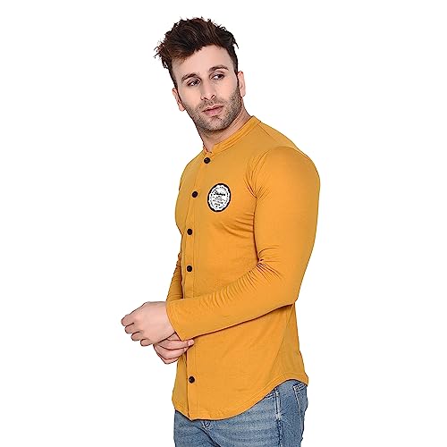 Image of Geum Men's Mandarin Collar Shirt | Slim Fit Full Sleeve Casual Shirt with Printed Chest Logo | Soft Cotton Blend Stylish Button Down for Party, Office