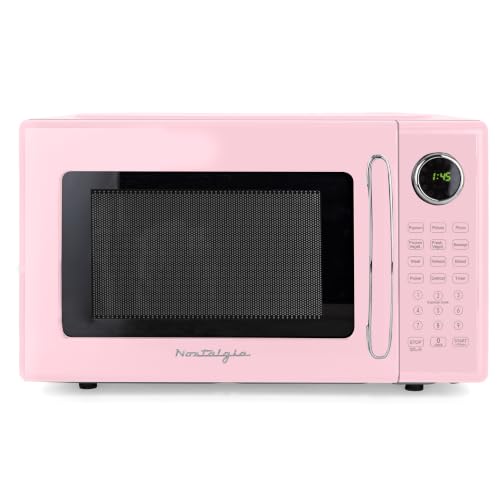 Image of Nostalgia Retro Microwave Oven - 1.1 Cu Ft, 1000-Watt Countertop Size with Glass Turntable, Child Safety Lock, 8 Auto-Cook Programs, Digital Clock - Pink