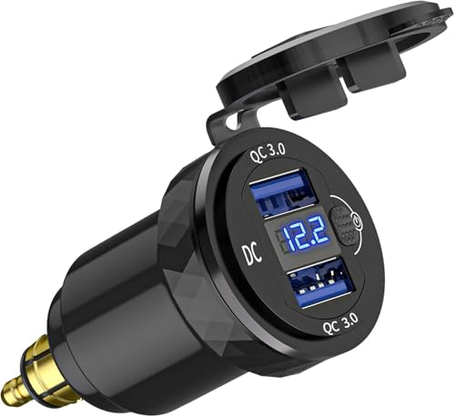 SOBMOTO Motorcycle DIN/Hella USB Charger (NOT for Car Cigarette Socket) – Dual USB-A QC3.0 18W Waterproof Charger w/Switch & Voltmeter for BMW Ducati Triumph