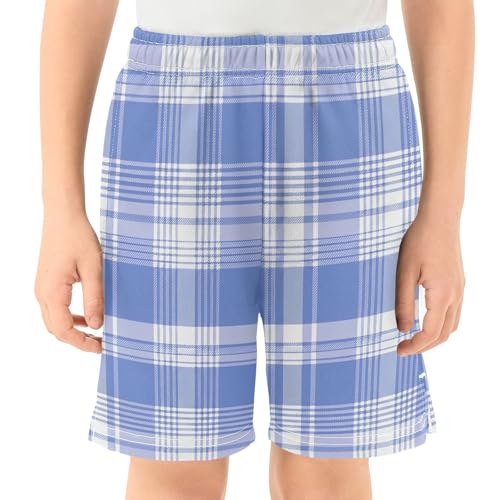 Blue Plaid Athletic Shorts with Zipper Pockets, Youth Boys Athletic Running Shorts for Summer2