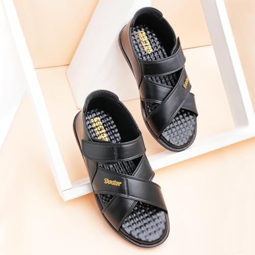 Image of DOCTOR EXTRA SOFT Orthopedic Diabetic Comfortable Dr Sole Footwear Daily Use Casual Wear Stylish Black Cushioned Adjustable Strap Sandals for Men's-Gents & Boy's L-12