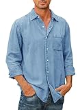 JMIERR Mens Dress Shirt Casual Long Sleeve Denim Button Down Shirts Lightweight 100% Cotton Chambray Shirt, US 50(2XL), A Sky Blue 2