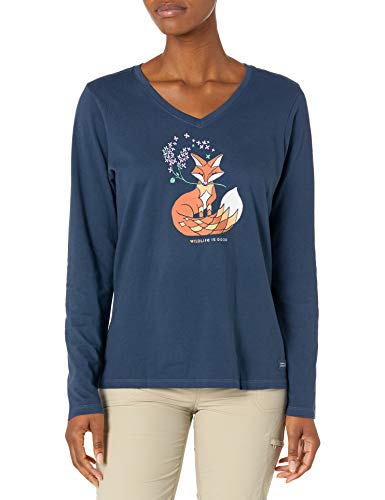 Life is Good Women's Crusher Vee T-Shirts, Long Sleeve Cotton Graphic Tee Shirt, Wild Fox, Darkest Blue, Medium