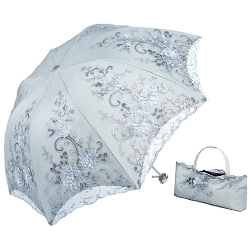 MTKCNTL 日傘 折りたたみ傘 超軽量 400g 花柄 レース 晴雨兼用 8本骨 UVカット 遮熱 遮光 日焼け止め対策 紫外線遮断 総柄 刺繍 エレガント 雨傘 レディース かわいい 高密生地 超撥水 耐風 小型 3段折り 携帯便利 (シルバー)