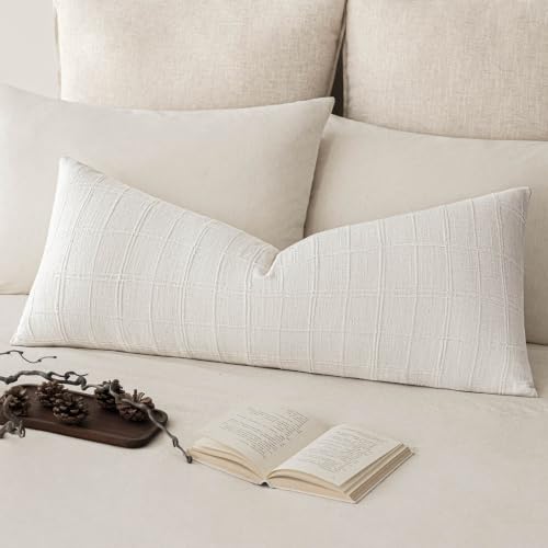 Image of Foindtower Set of 1 Decorative Linen Check Throw Pillow Cover Neutral Long Body Lumbar Cushion Cover Farmhouse Vintage Boho Home Decor for Sofa Chair Couch Bedroom Living Room,14x36 Inch,Cream White