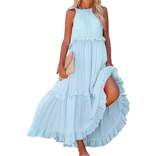 Sommerkleider damen leicht und luftig, Sommerkleid Damen Boho Kleider Lang Ärmellose Maxikleid Neckholder Elegant Sommer Kleid Hochzeitsgast...