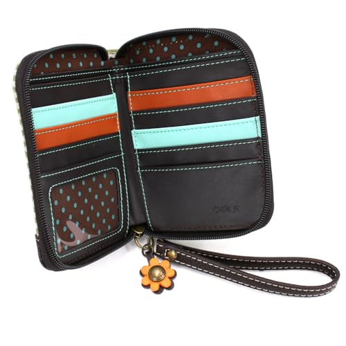 Image of CHALA Zip Around Wallet, Wristlet, 8 Credit Card Slots, Sturdy Pu Leather - Highland Cow - green stripe