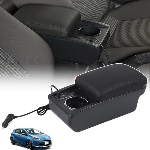 AKMSX NHP10用 アクア適合 車用アームレスト 簡単組立 6USB充電ポート付き 車内大容量収納ボックス センターコンソールボックス 二層タイプ 小物入れ Aqua NHP10 Vitz KSP10 SCP10 NCP10 車種専用設計 長距離運転最適 内装パーツ ブラックステッチ