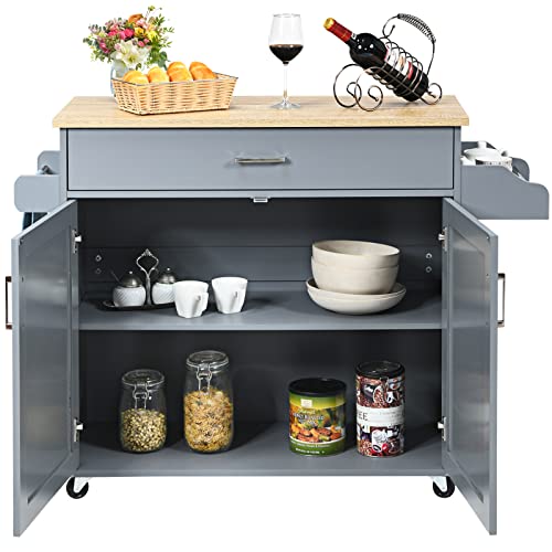 PETSITE Kitchen Island Cart with Storage Cabinet on Wheels Spice Rack Towel Rack Drawer Grey