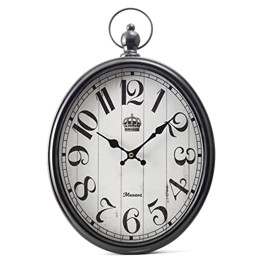 Oval Large Wall Clock Silent Non-Ticking Metal Battery Operated Retro Wall Clock Antique Design Rustic Vintage Style Decor Wall Clock for Living Room Kitchen Farmhouse 16 inch (black, 16inches)