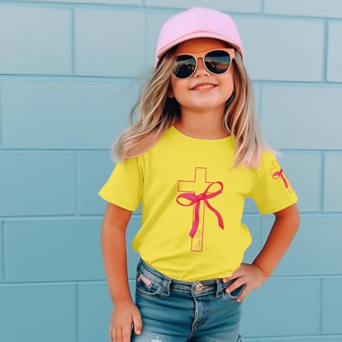 Image of Girls Cute Christian Shirts Kids Pink Bow Shirt Jesus God Faith Tshirts Aesthetic Cross Bible Verse Graphic Tee Tops
