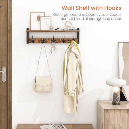 Homode Coat Rack with Wall Mount, 24 Inch Long Entryway Wall Shelf with Hooks, Wood Hanger with Storage Shelf for Bathroom, Hallway, Rustic Brown Black - Image 3