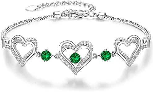 CDE Forever Love Heart Charm Link Bracelet 925 Sterling Silver with Birthstone Zirconia, Anniversary Birthday Jewelry Gifts for Women Wife Her