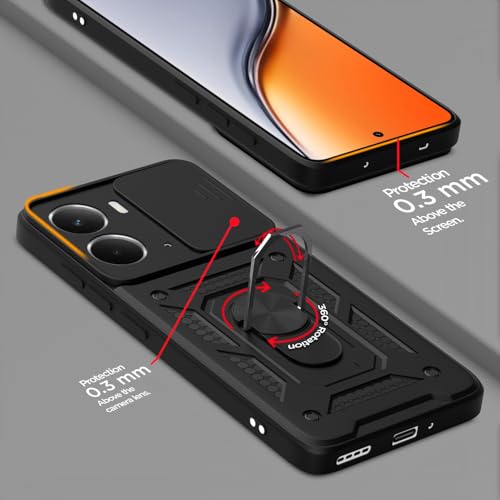Image of Outlouders Back Cover for Realme P3 5G | D10 Tough Armor 360 Protection Case with Sliding Camera Shield & Ring Holder Stand Bumper Case (Black)
