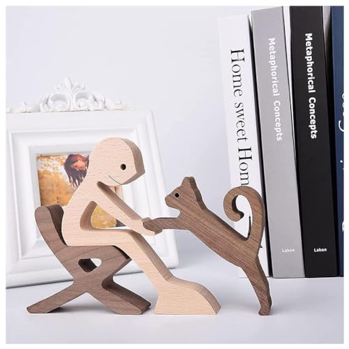 Estatuas de madera talladas a mano Hombre y Gato miniatura 2